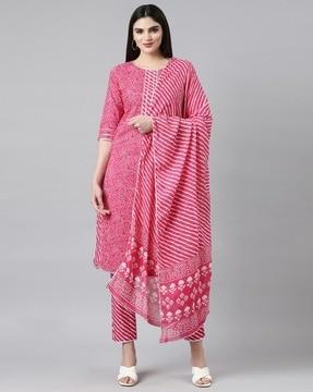 women bandhani printed straight kurta with pants & dupatta set