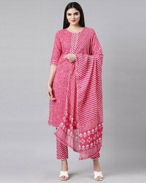 women bandhani printed straight kurta with pants & dupatta set