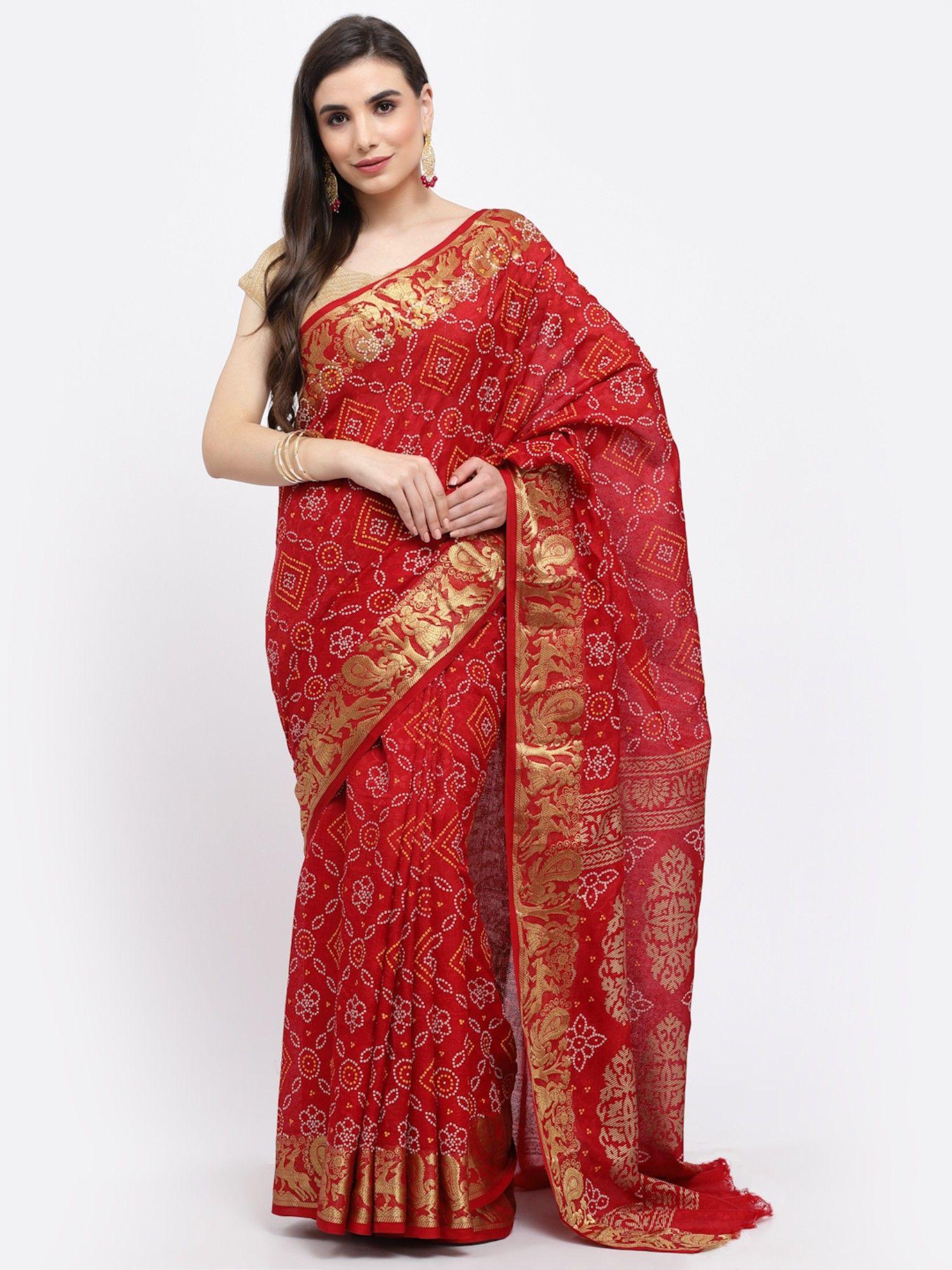 women bandhani with zari weaving silk saree & blouse maroon with unstitched