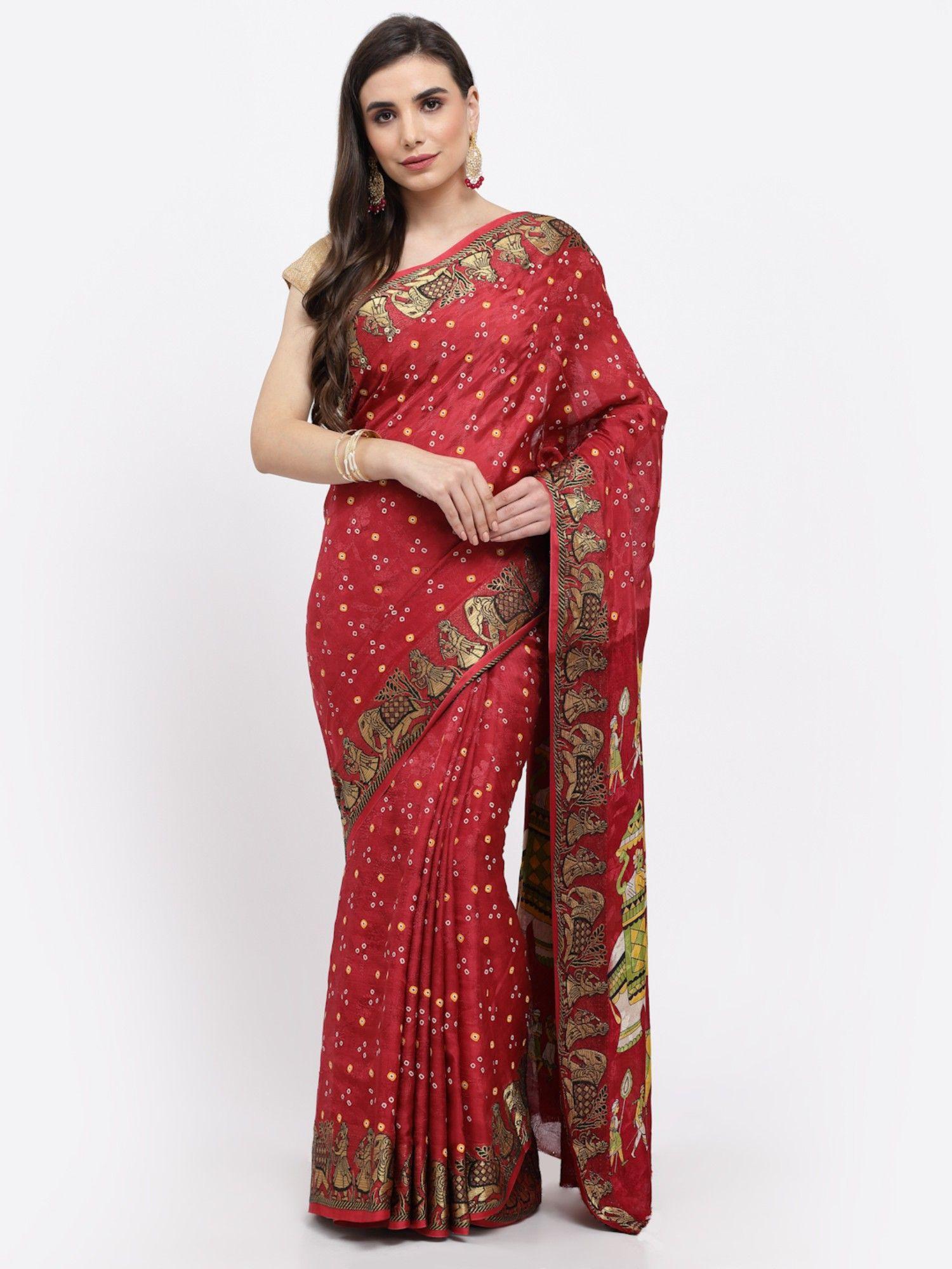 women bandhani with zari weaving silk saree & blouse maroon with unstitched