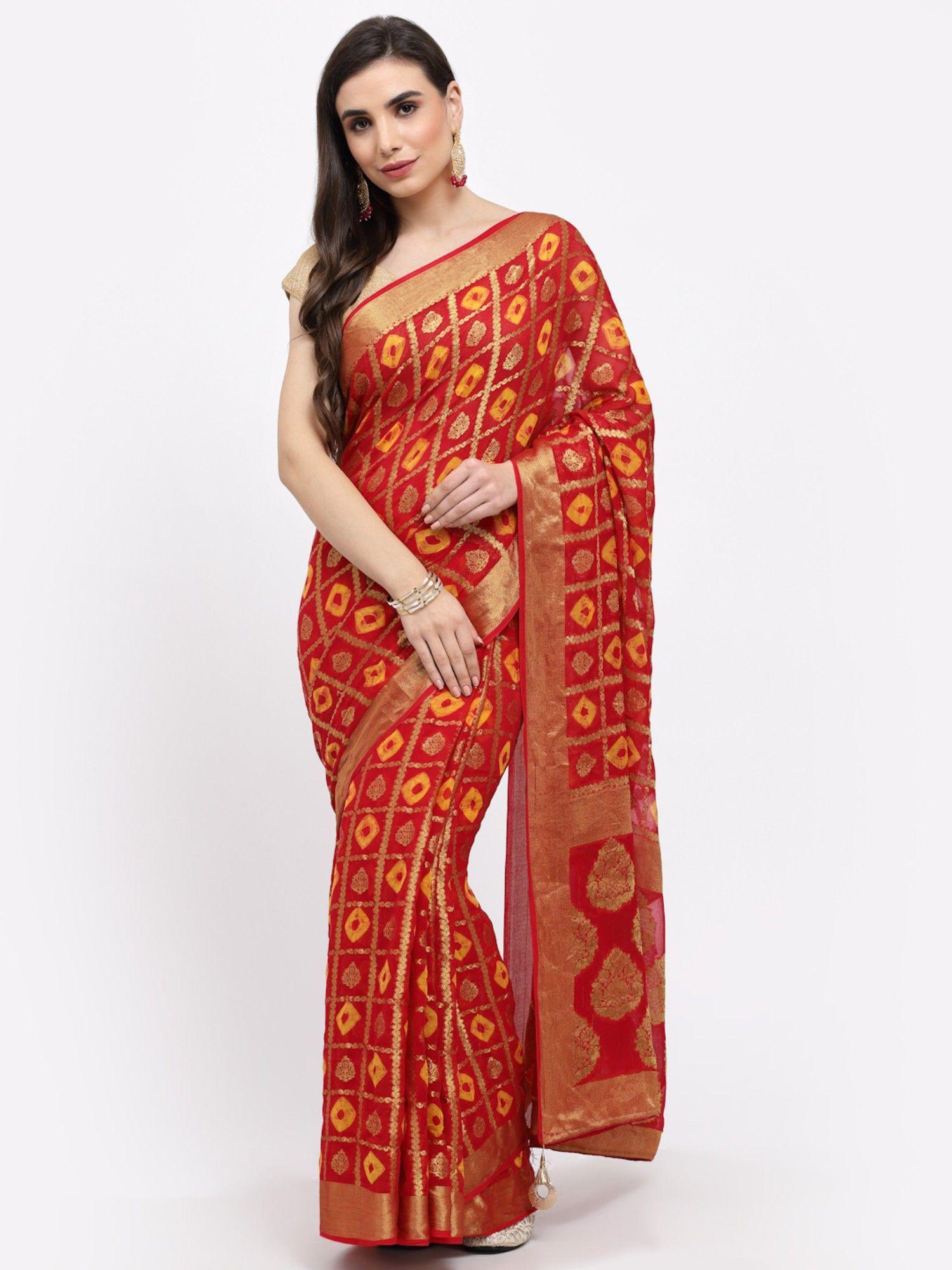 women bandhani with zari weaving silk saree & blouse red with unstitched