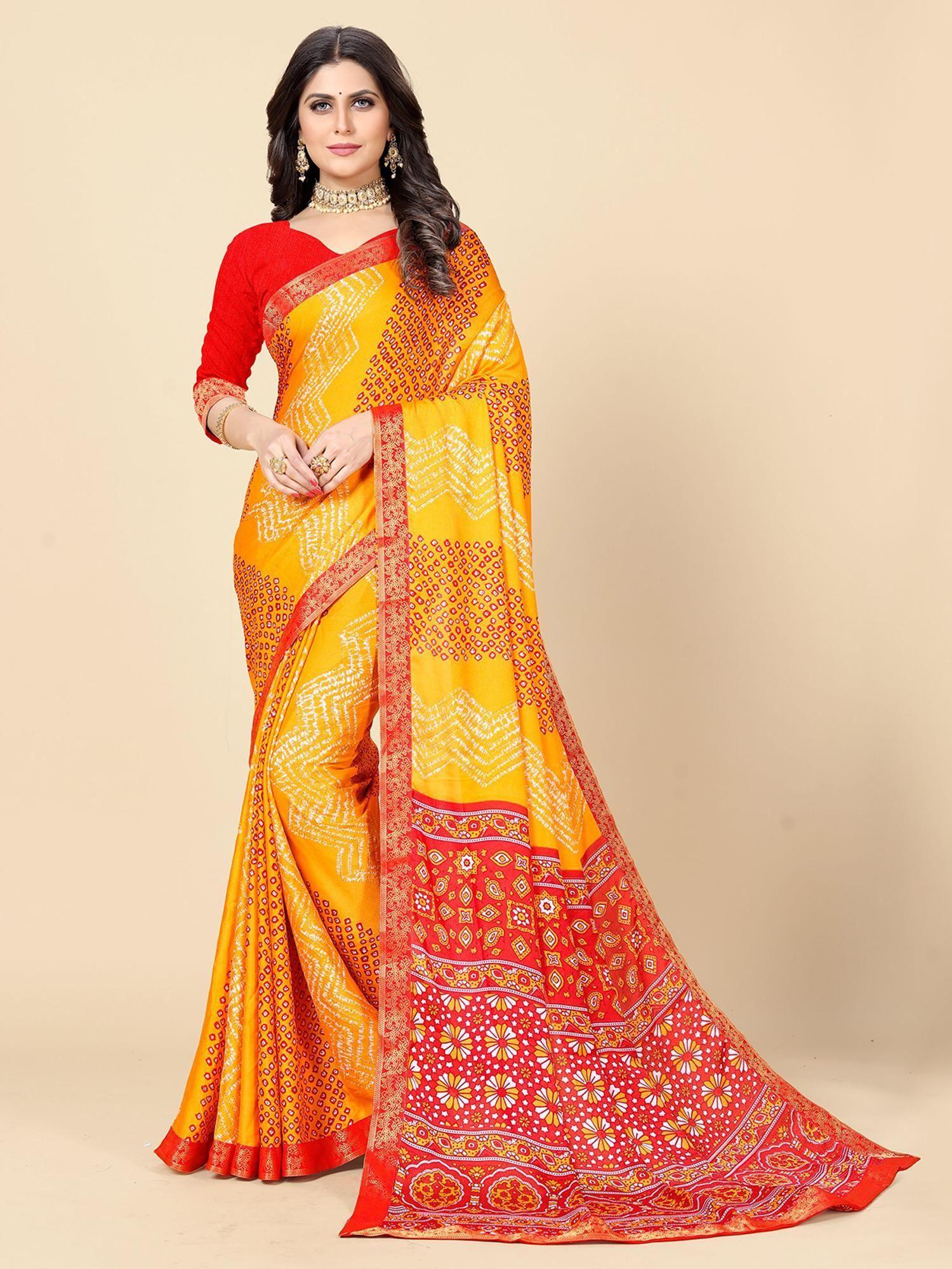 women bandhej printed moss georgette saree with unstitched blouse - yellow