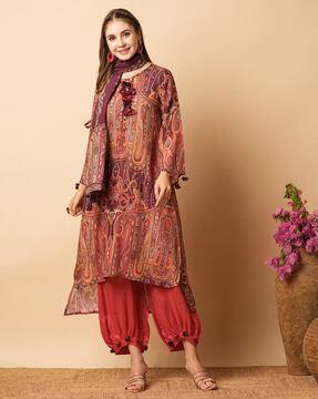 women baroque print straight kurta with pants & dupatta