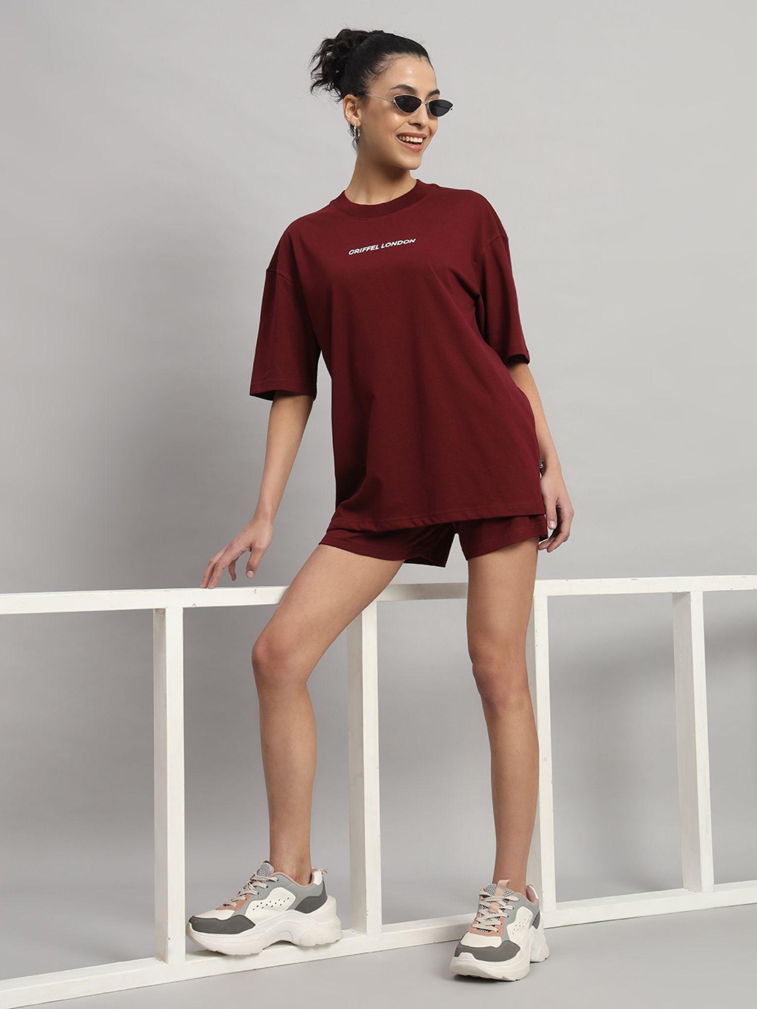 women basic logo maroon t-shirt and shorts (set of 2)