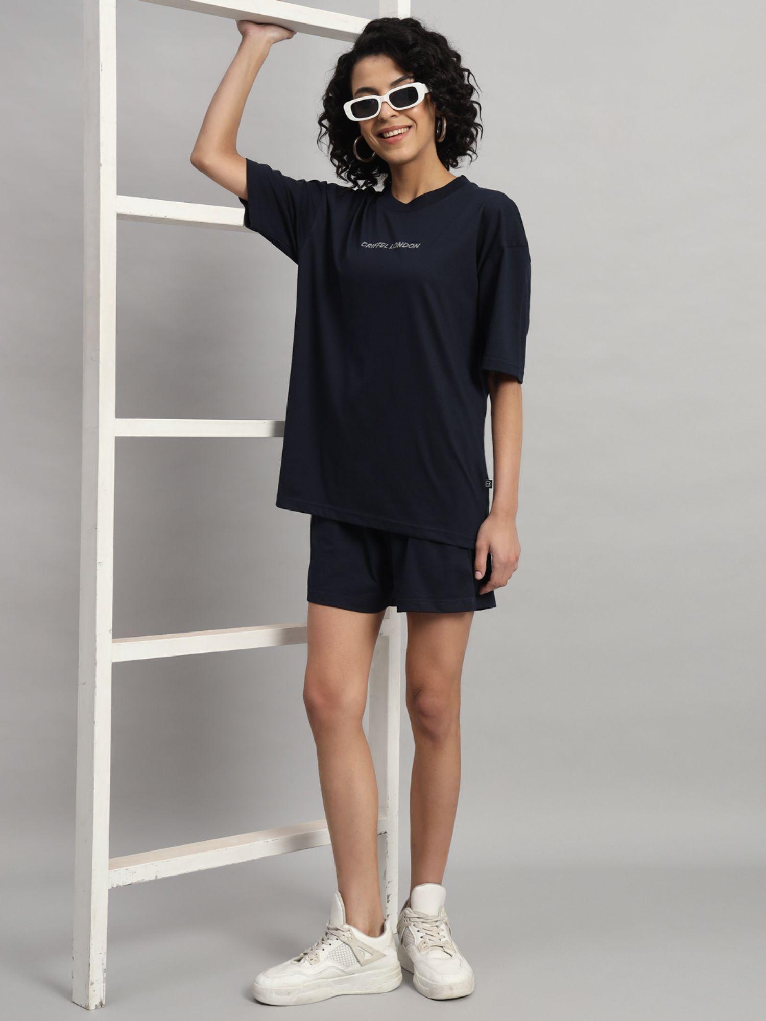 women basic logo navy t-shirt and shorts (set of 2)