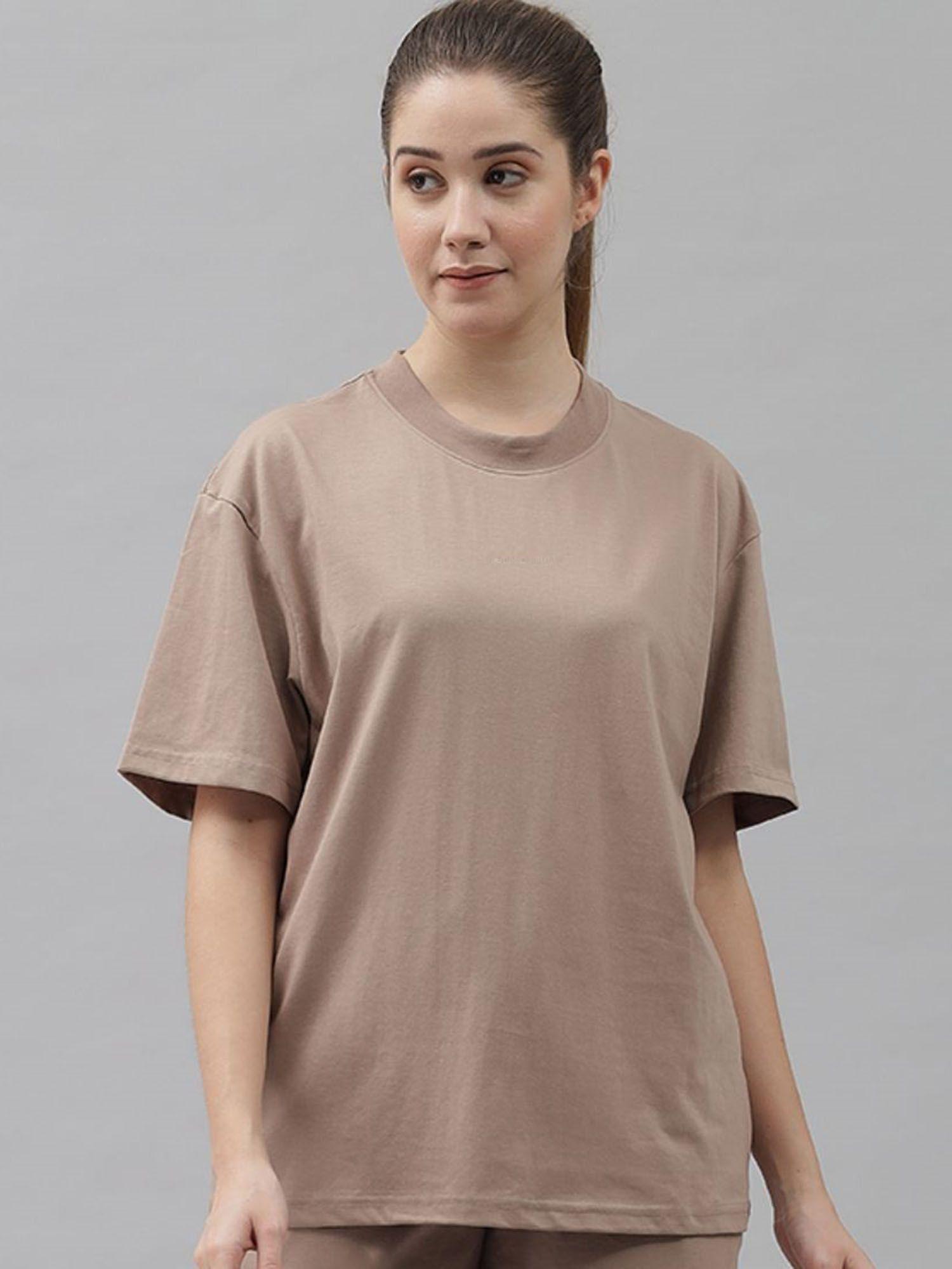 women basic solid oversized beige t-shirt