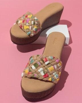 women basket-weave pattern wedges