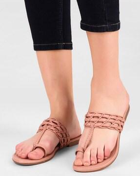 women basket weave t-strap flat sandals