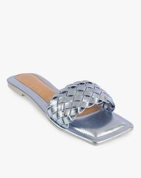 women basket weaved slip-on flat sandals