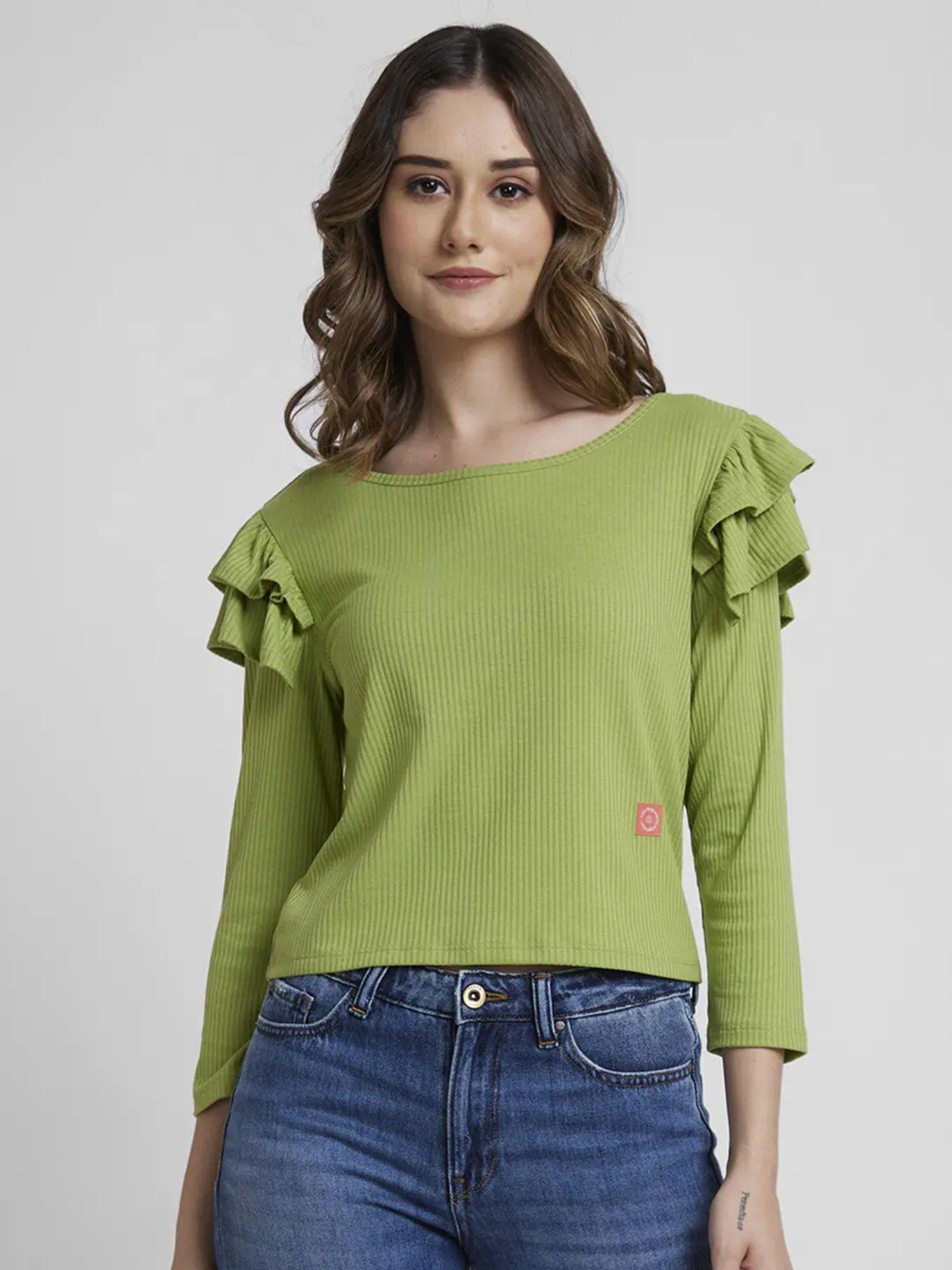 women bay leaf blended regular fit full sleeve round neck plain top