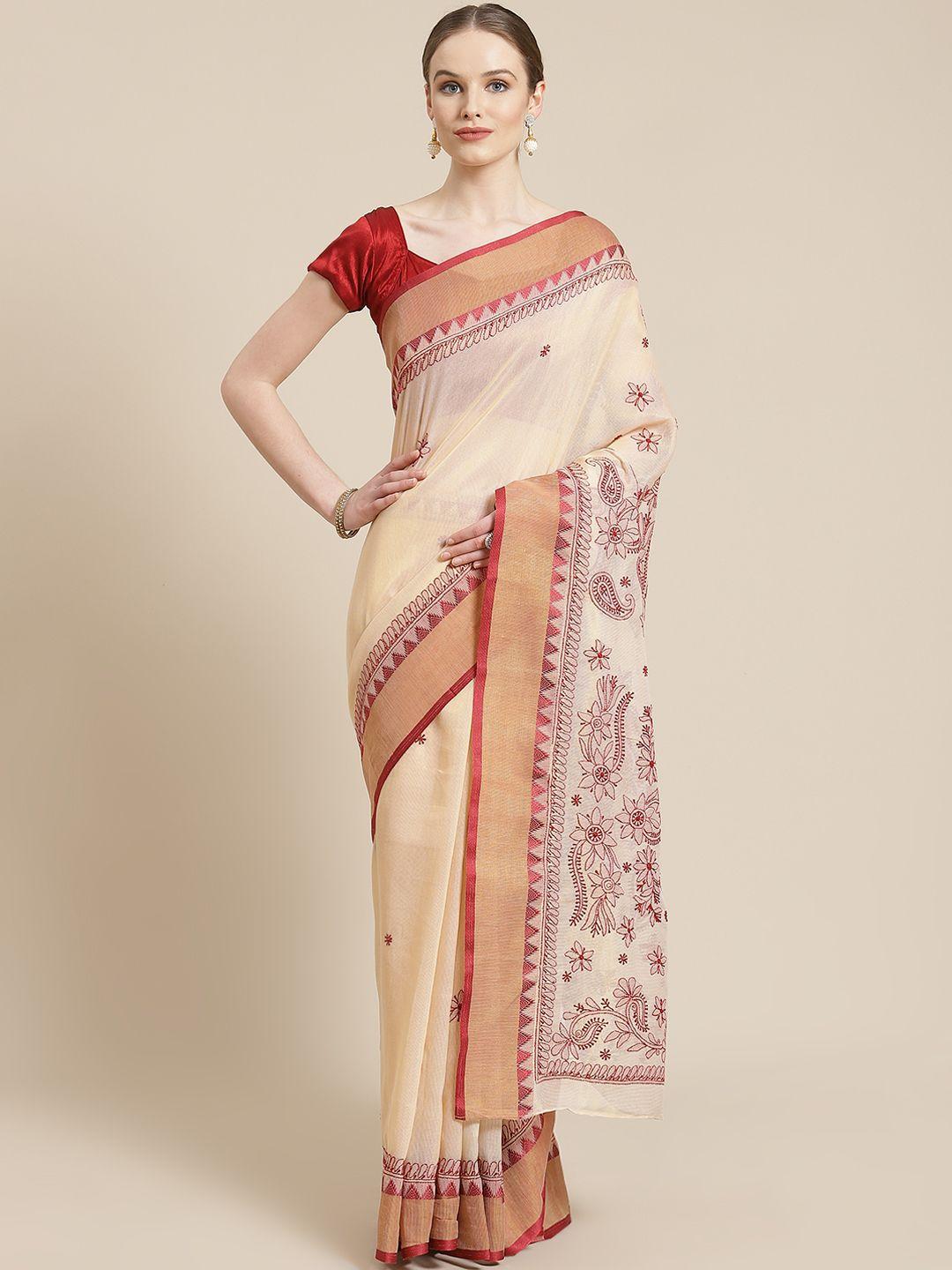 women beige & maroon chikankari embroidered  kota saree