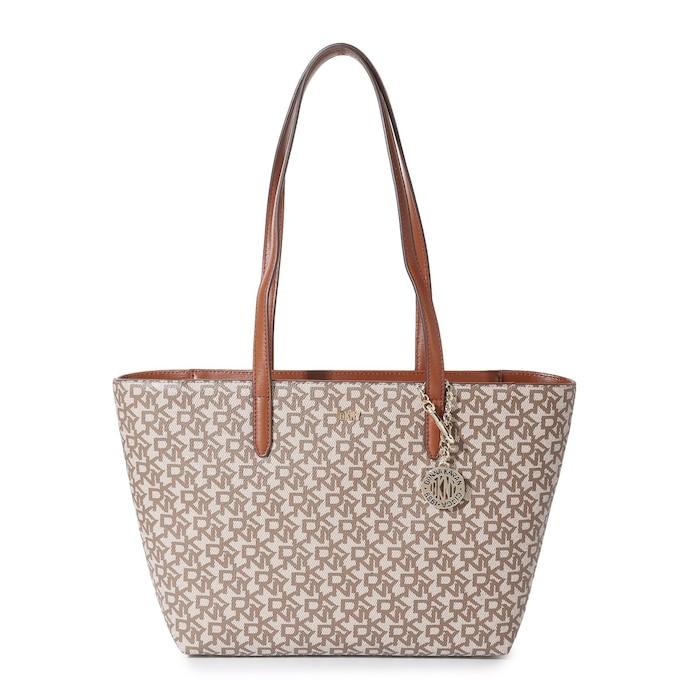 women beige all-over brand name tote bag