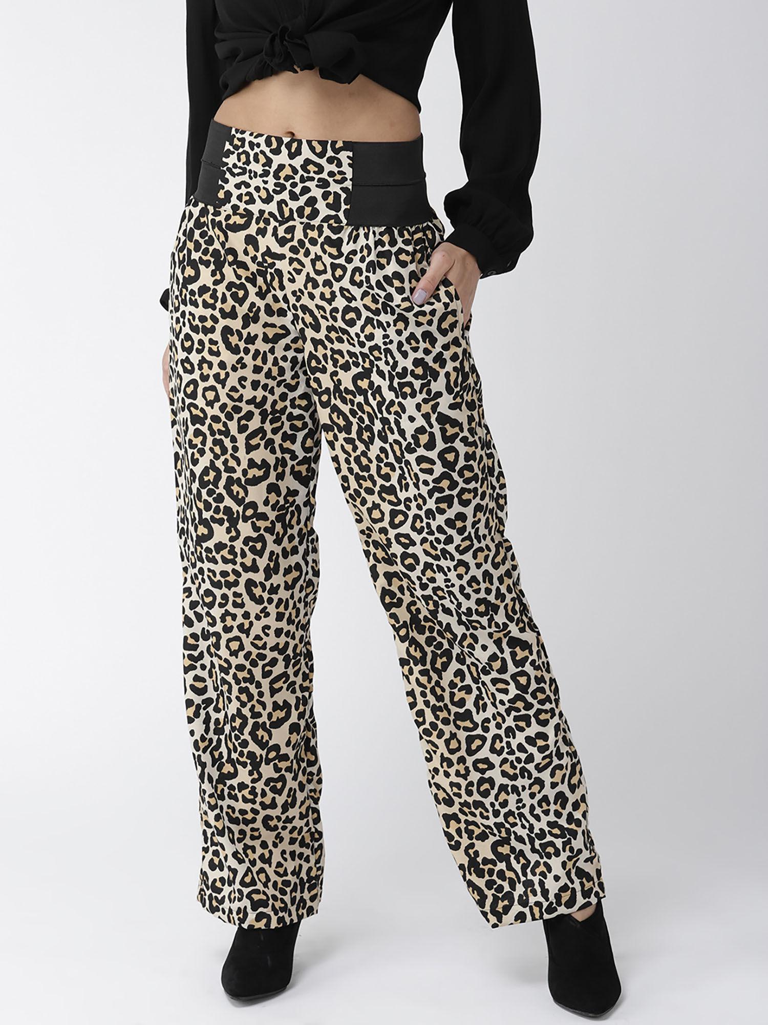 women beige and black original straight fit animal print parallel trousers