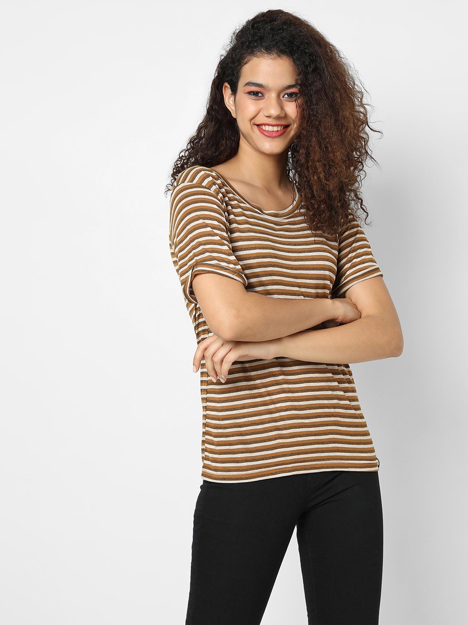 women beige and brown stripes pure cotton regular t-shirt