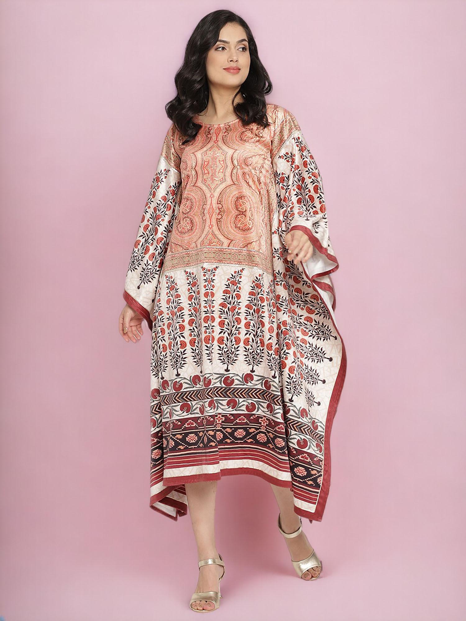 women beige and white ethnic motifs kaftan velvet