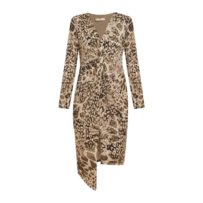 women beige animal print bodycon dress with twist detail