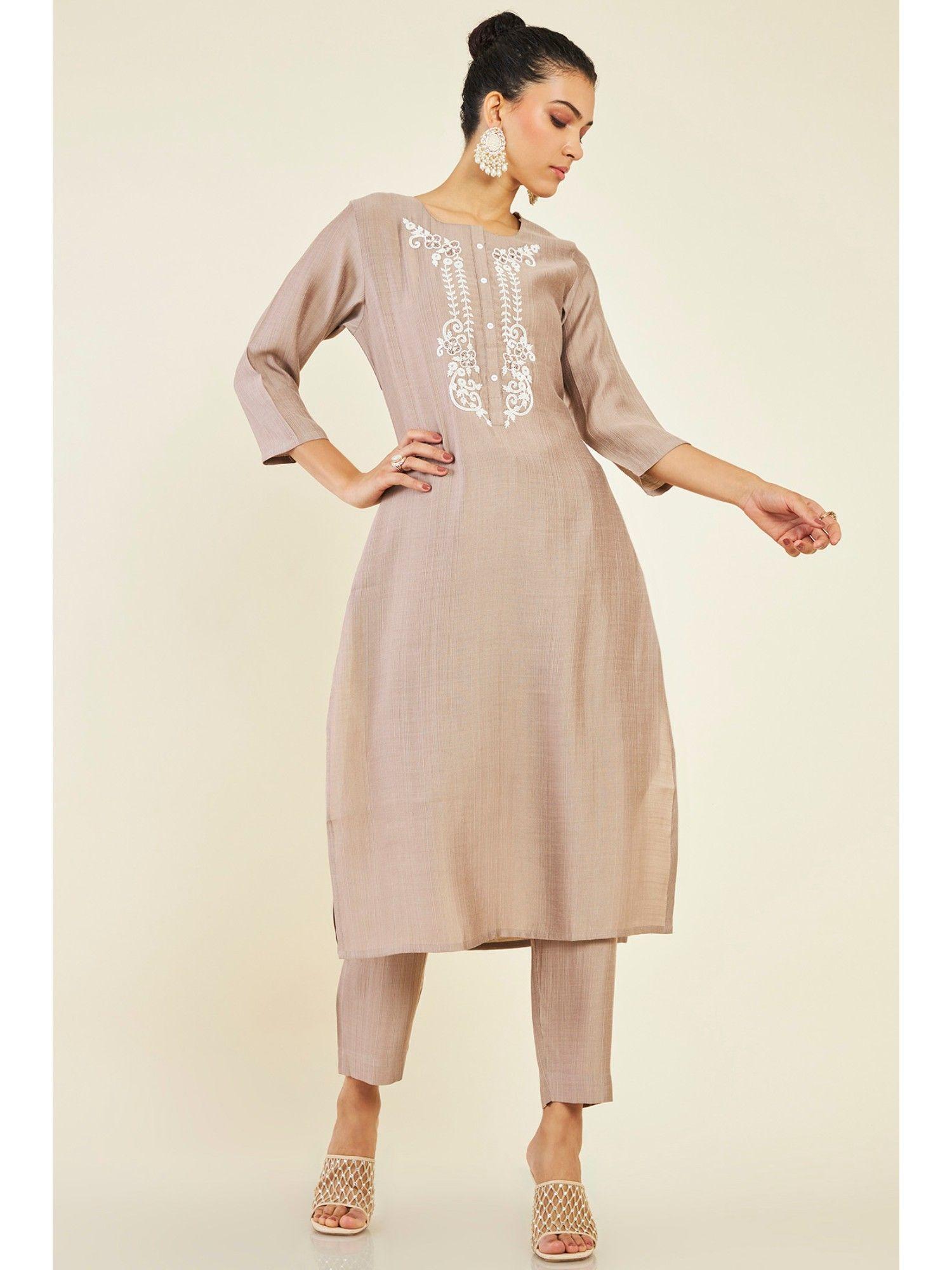 women beige blended fabric embroidered kurta (set of 2)