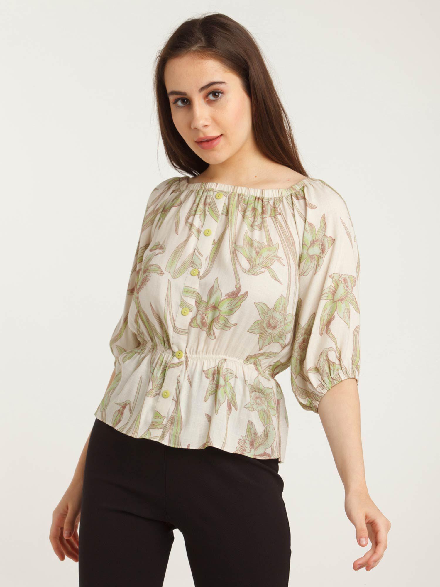 women beige botanical off shoulder top