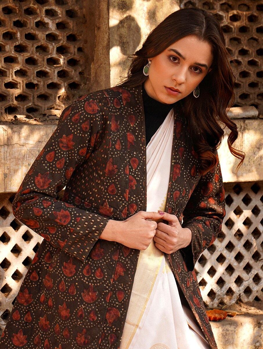 women beige brown cotton dabu open front regular fit jacket