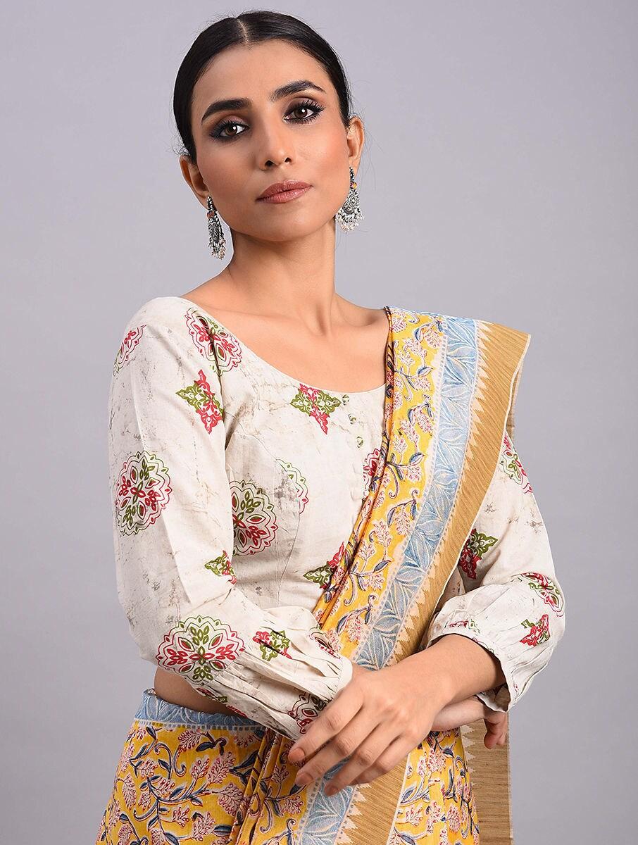 women beige brown cotton dabu saree blouses