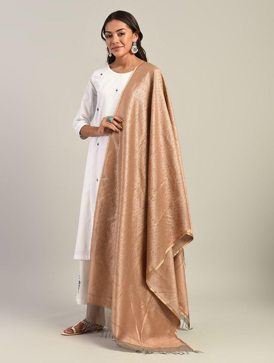 women beige brown silk banarasi dupatta