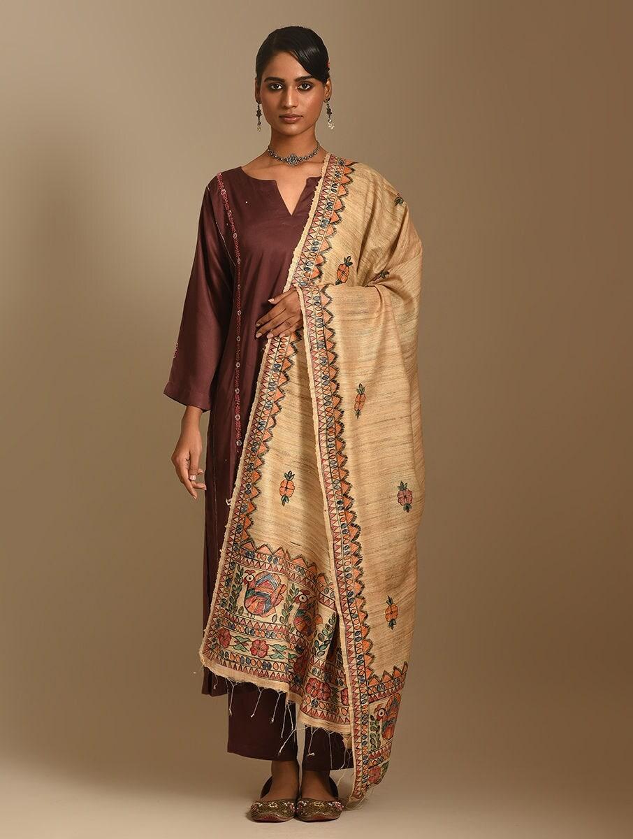 women beige brown silk hand woven dupatta