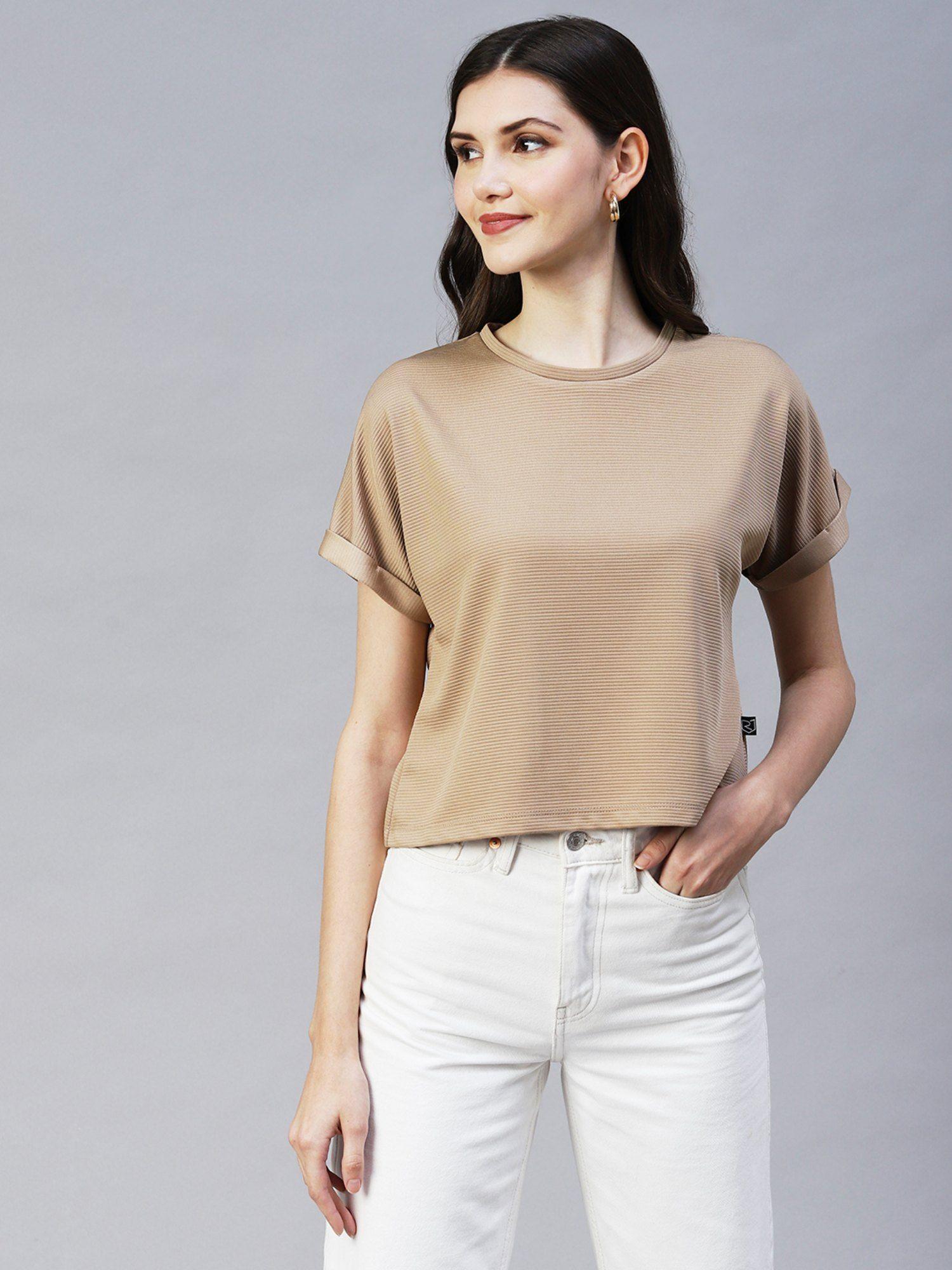 women beige cap sleeves poly corduroy top