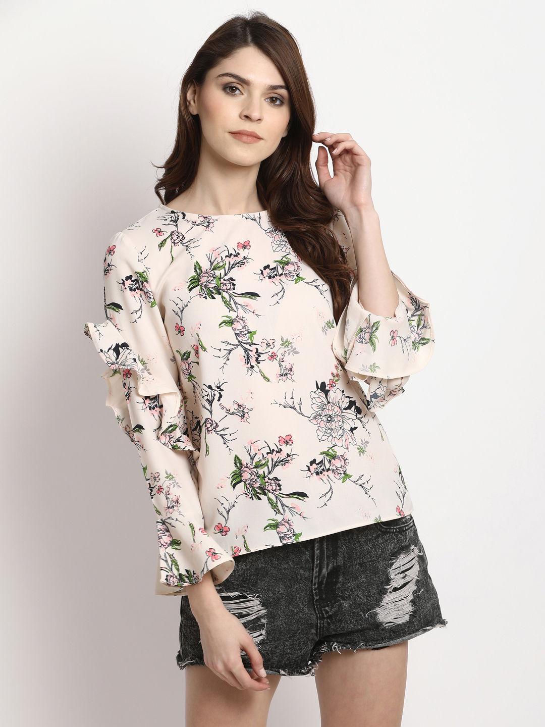 women beige colour round neck floral regular top