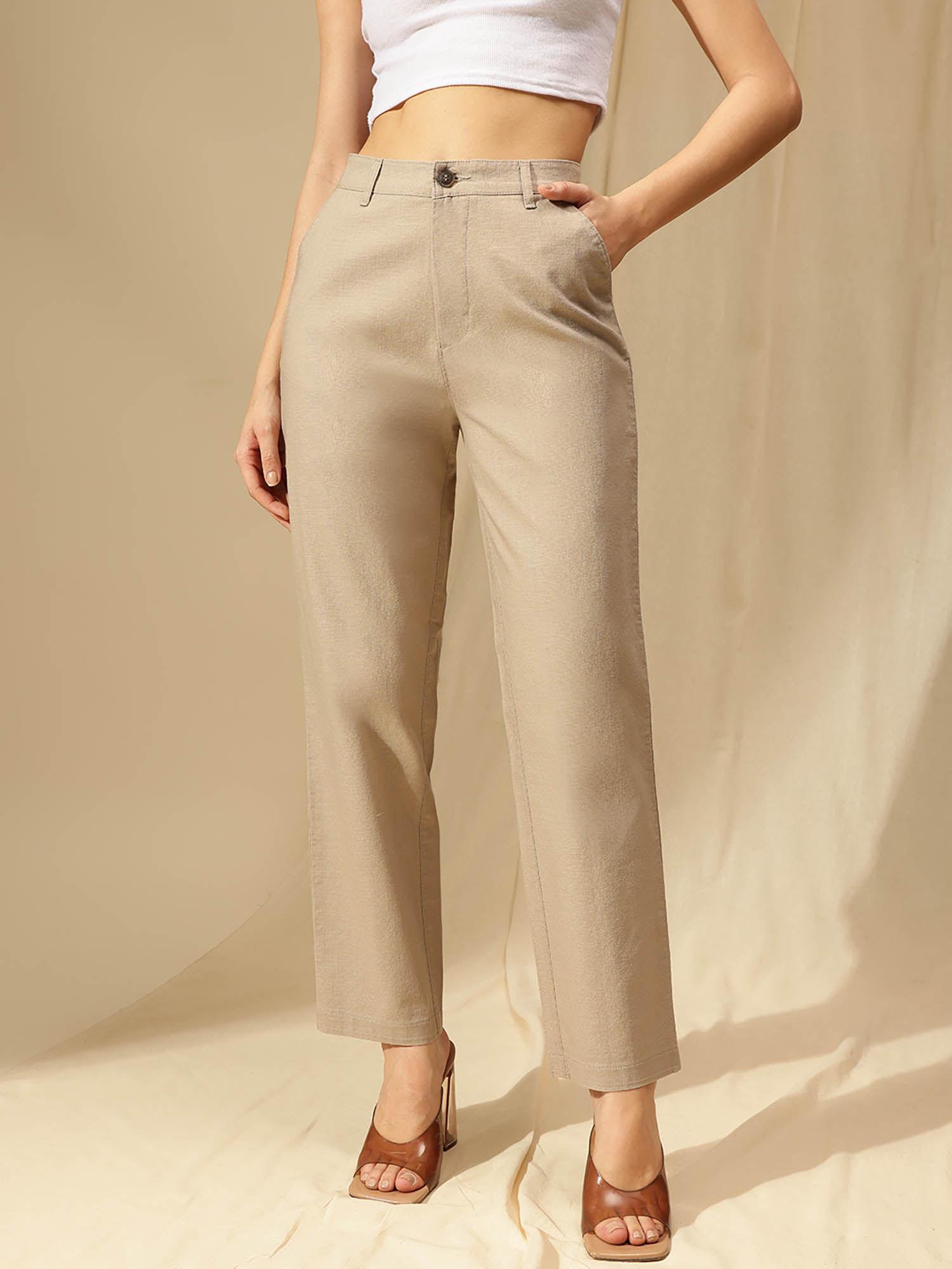 women beige cotton linen straight fit high rise trousers