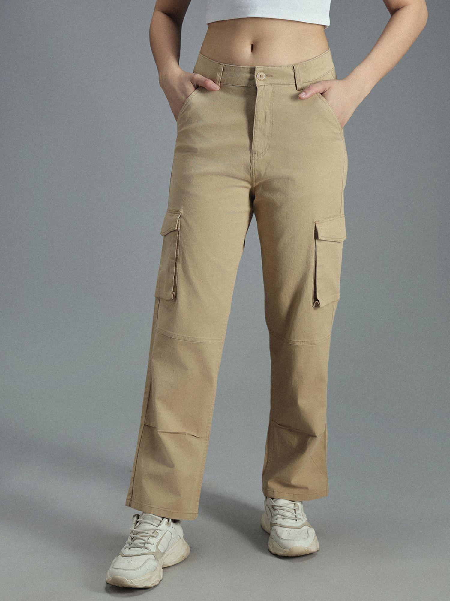 women beige cotton loose fit straight leg mid-rise trouser