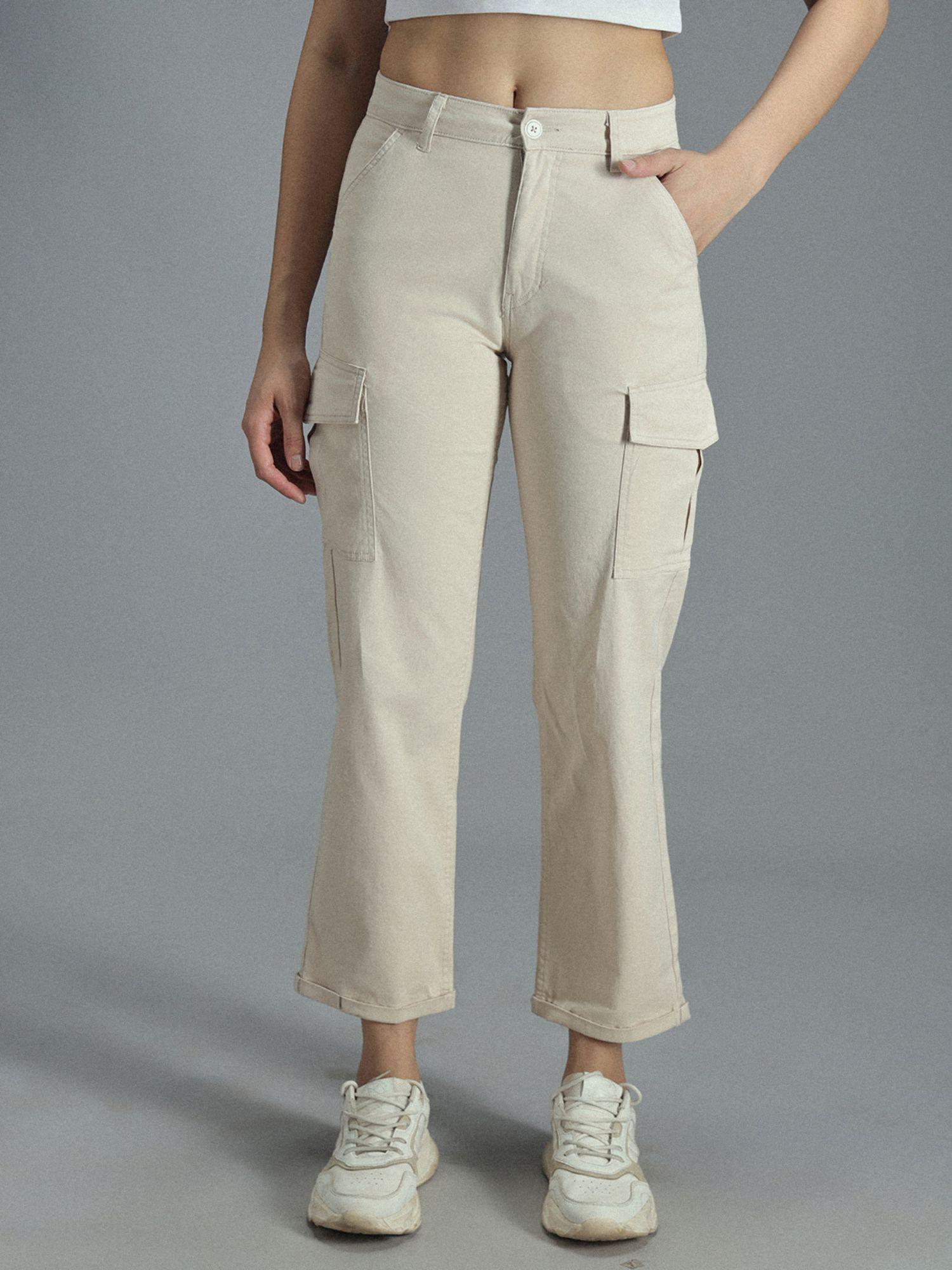 women beige cotton regular fit straight leg mid-rise trouser