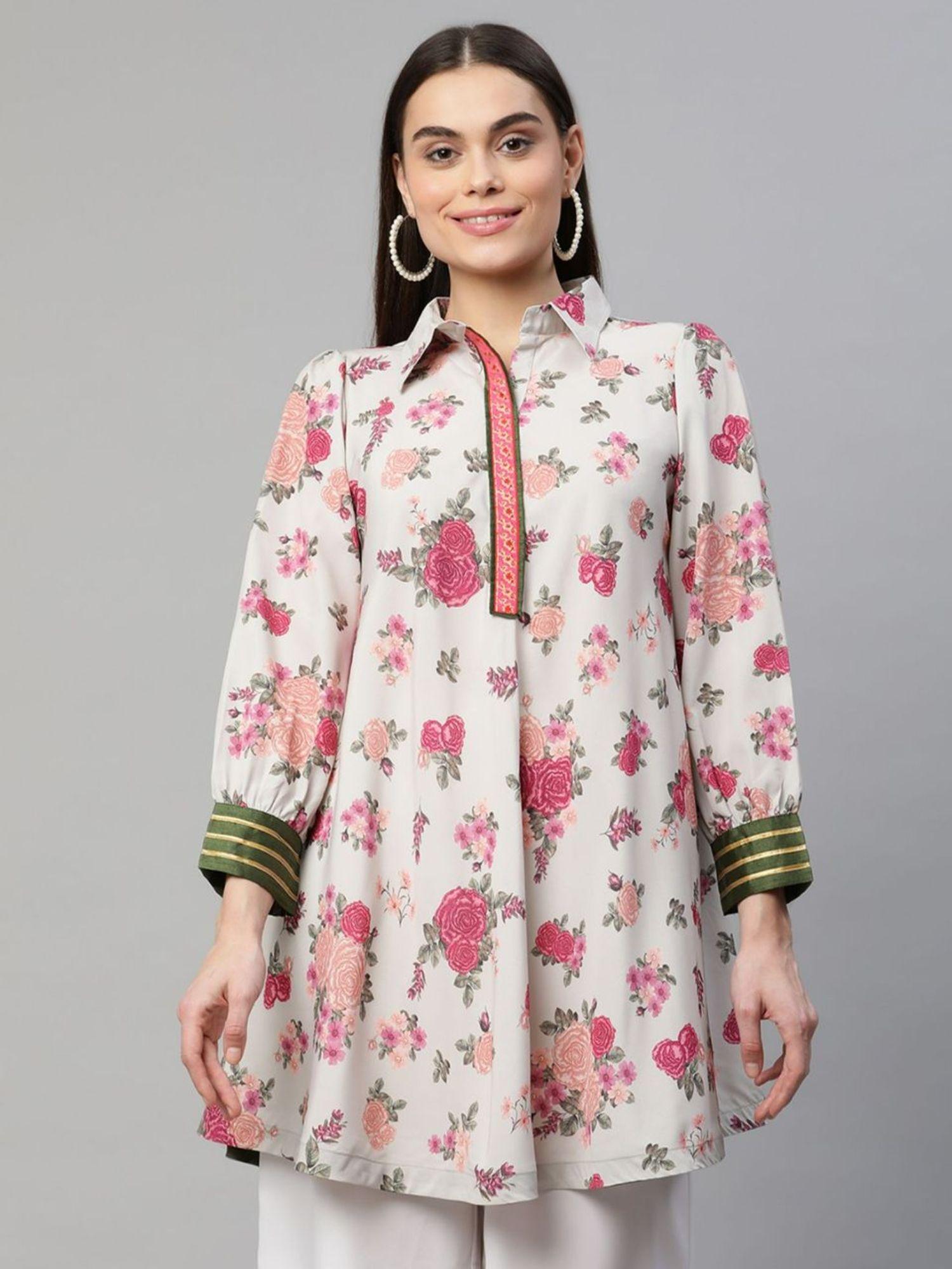 women beige crepe digital floral print tunic