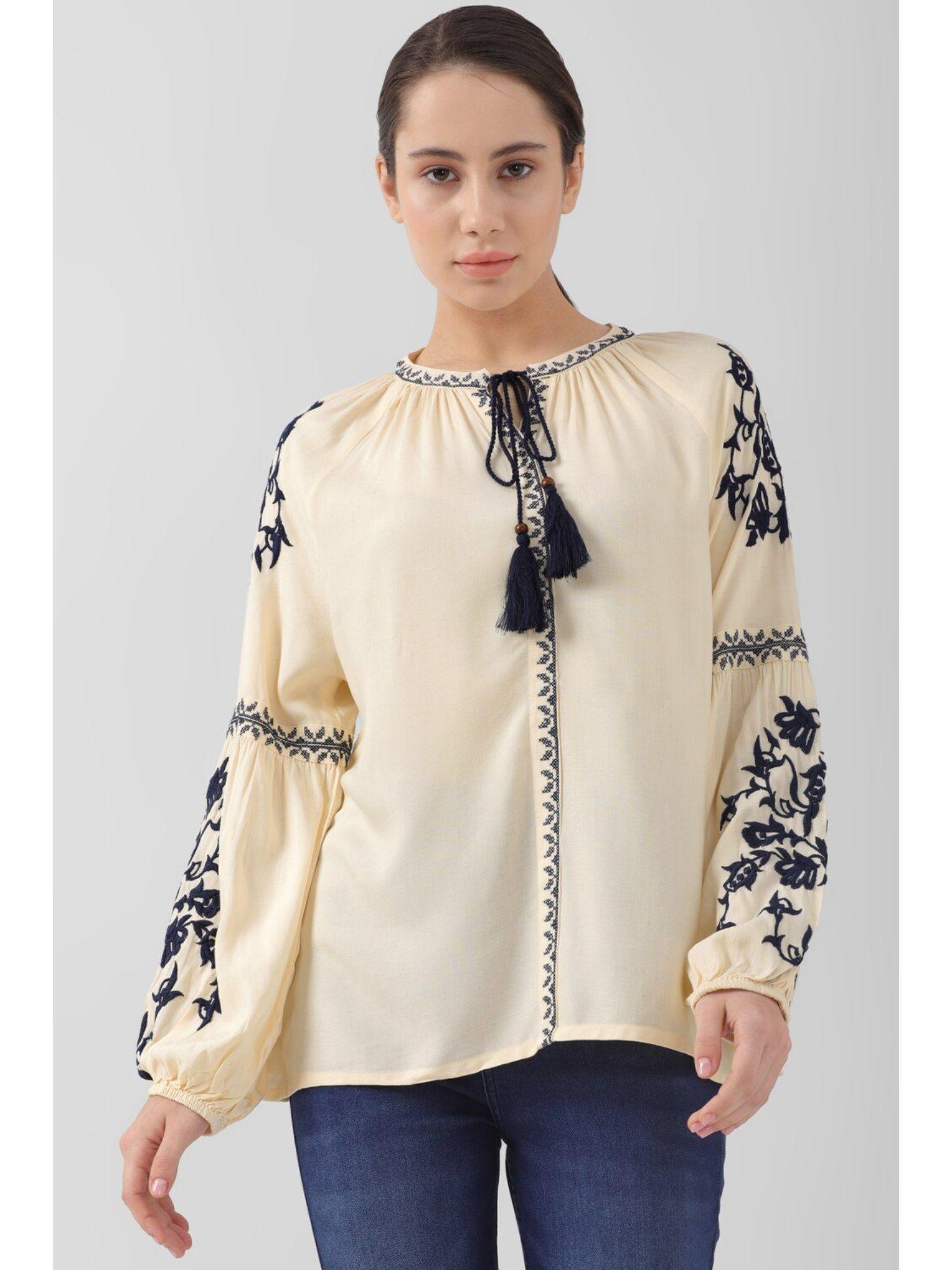 women beige embroidered casual slit neck top