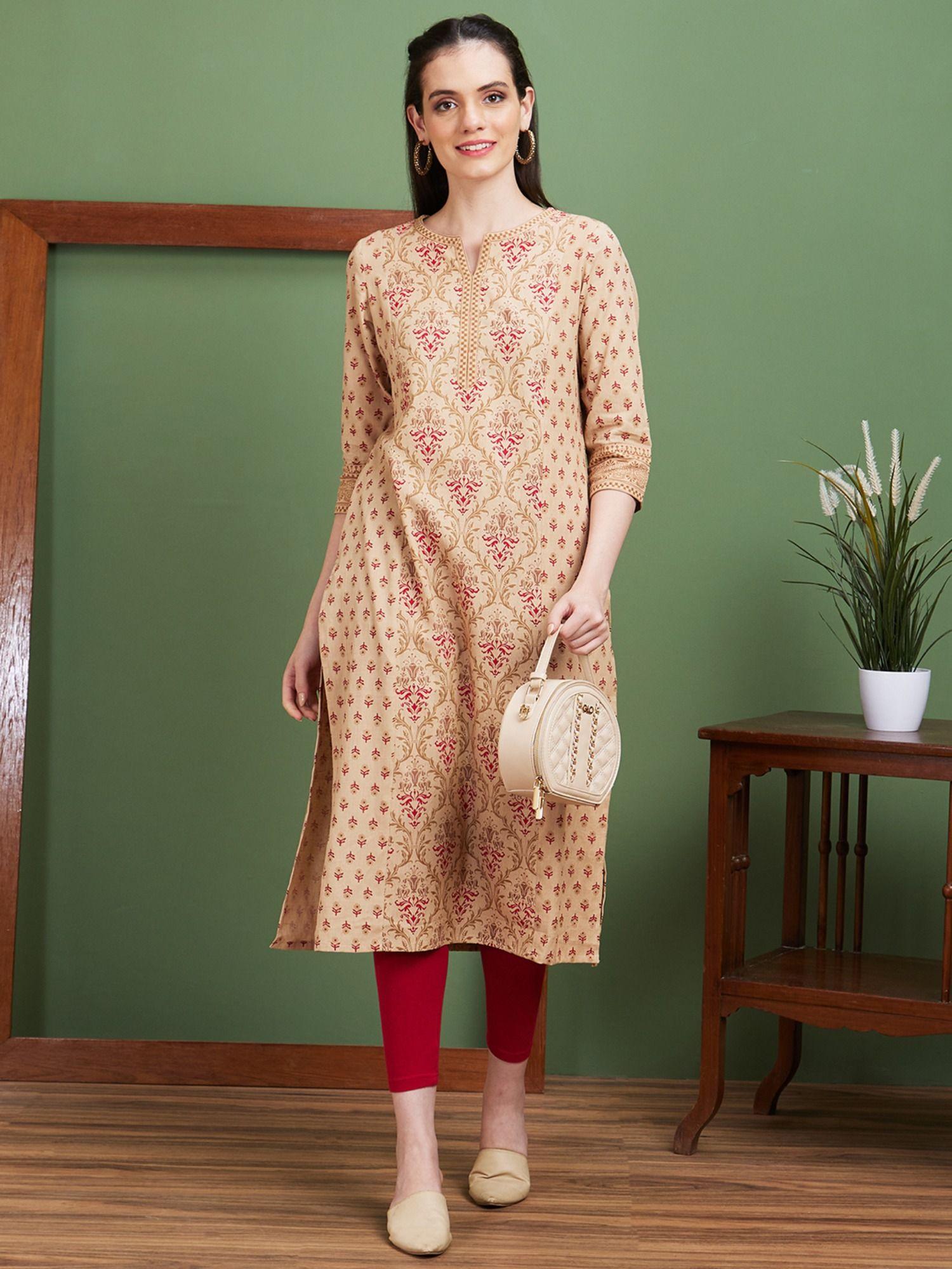 women beige ethnic motifs side slits panelled straight kurta