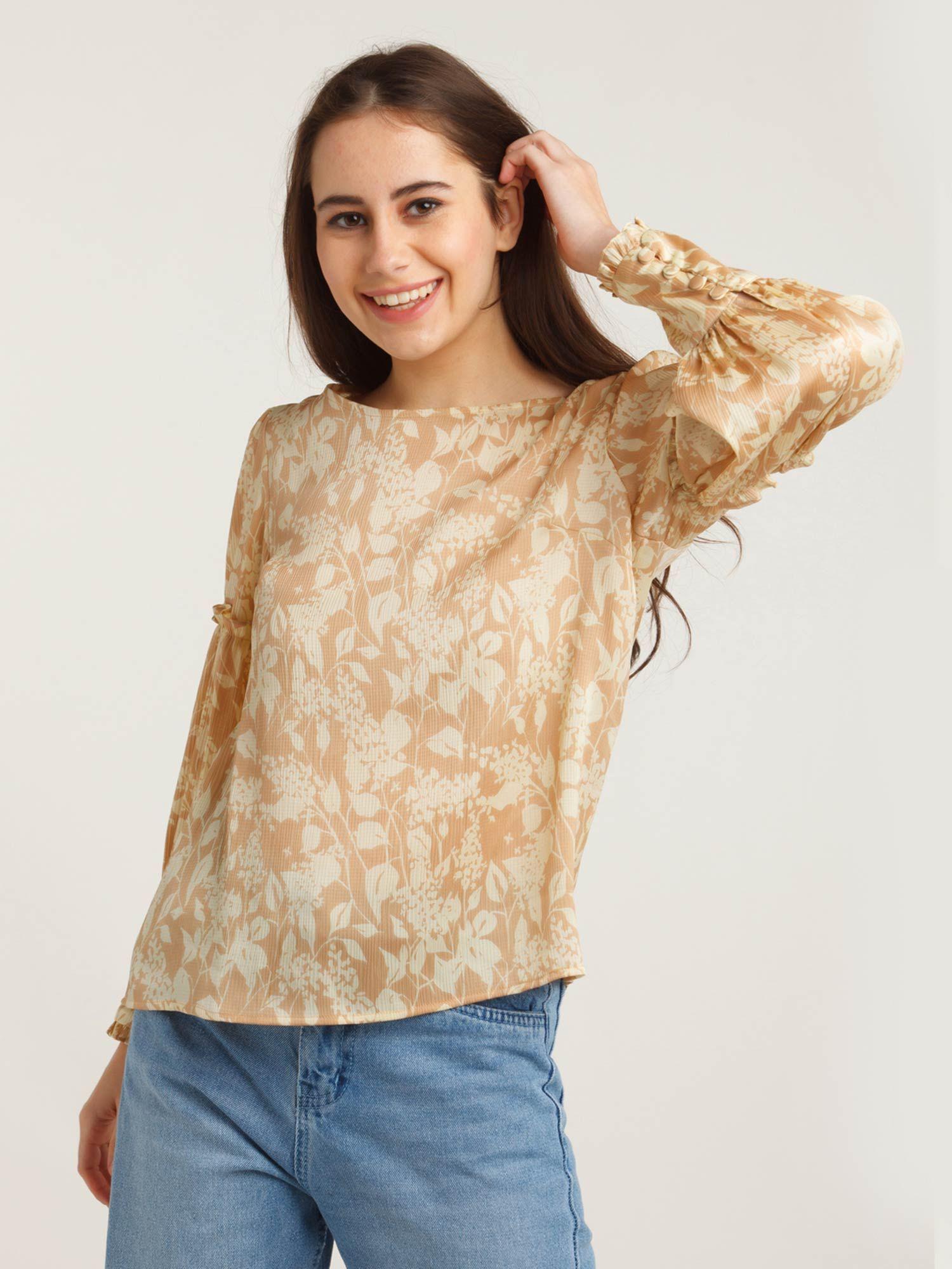 women beige flora full sleeve top