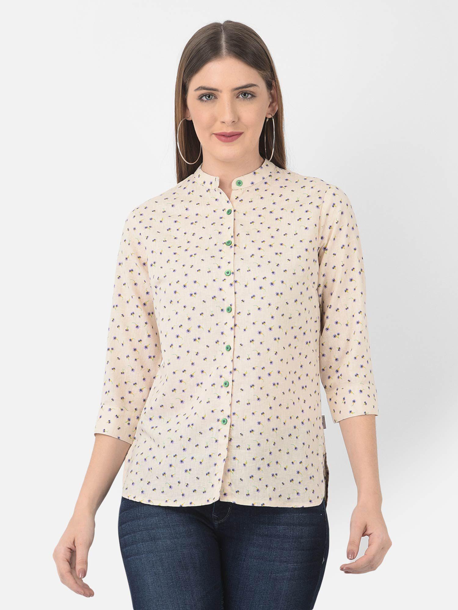 women beige floral printed linen mandarin collar shirt