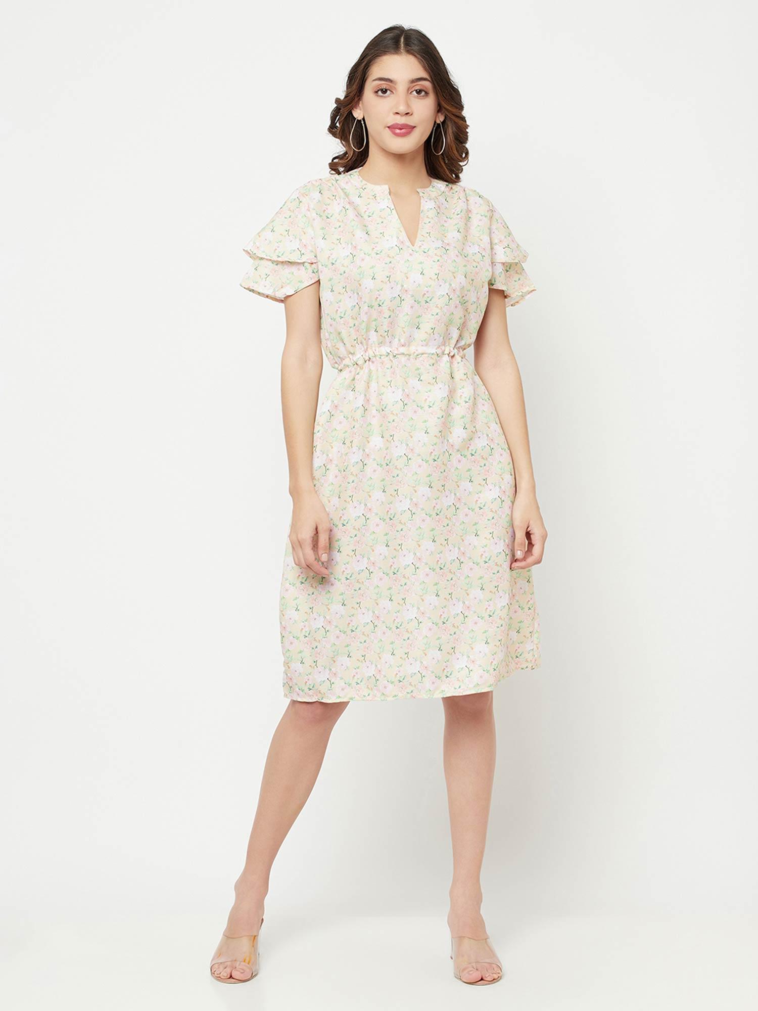 women beige floral printed mandarin collar dress