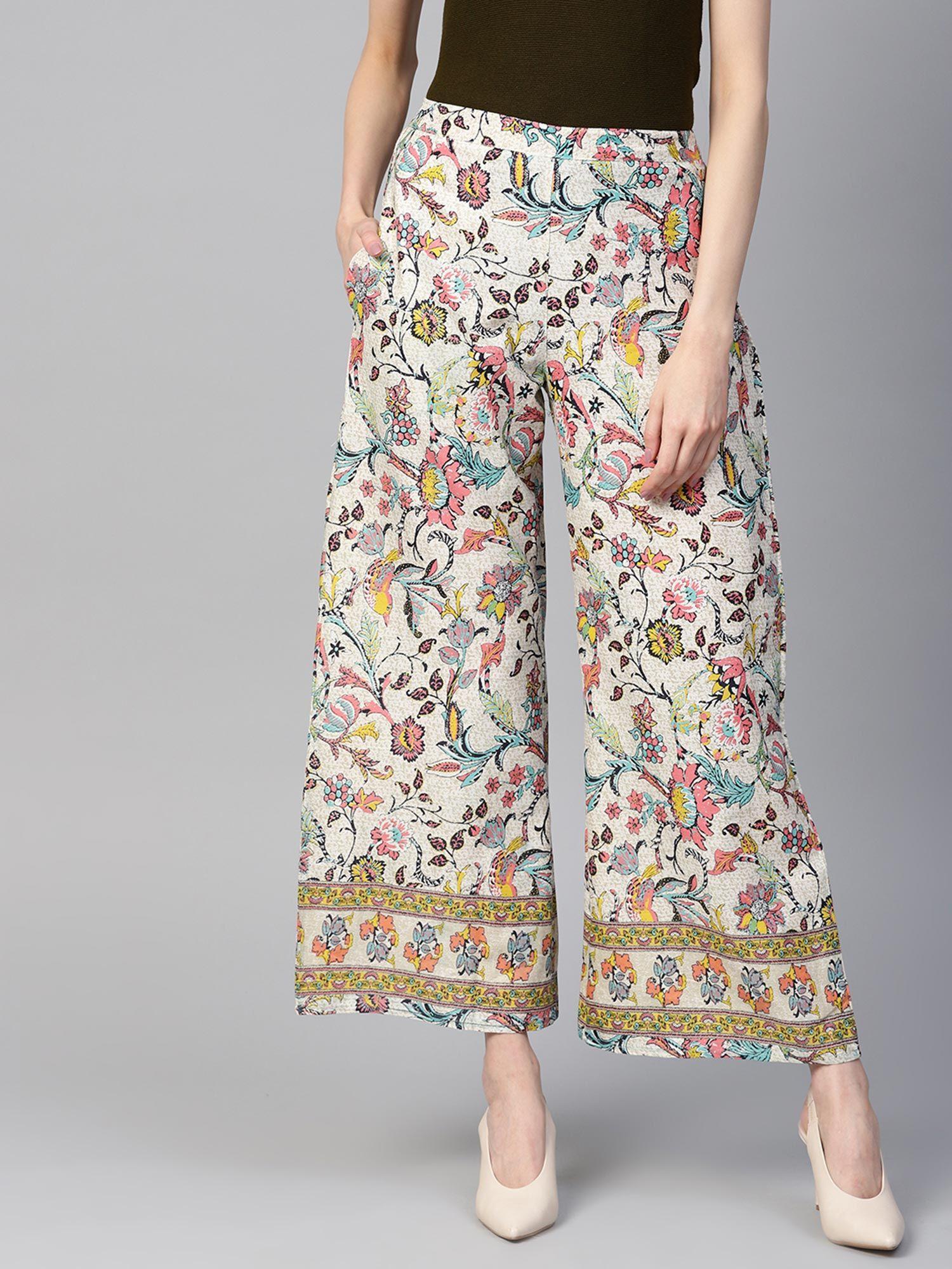 women beige floral printed palazzos