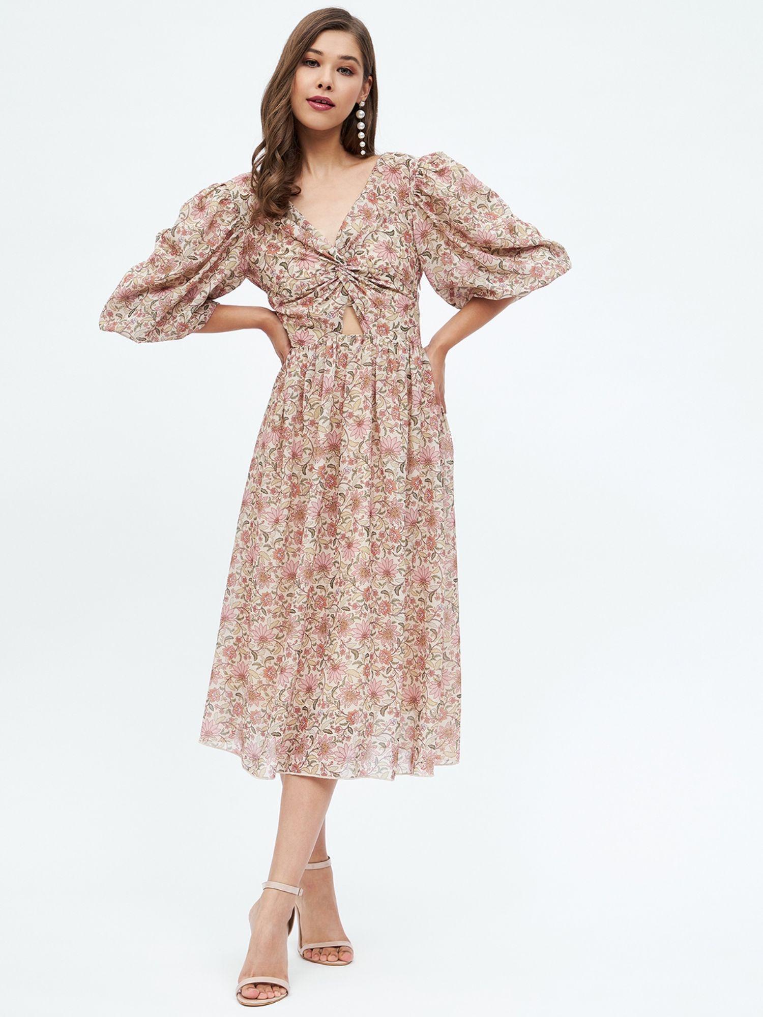 women beige floral printed v-neck puff sleeves midi dress