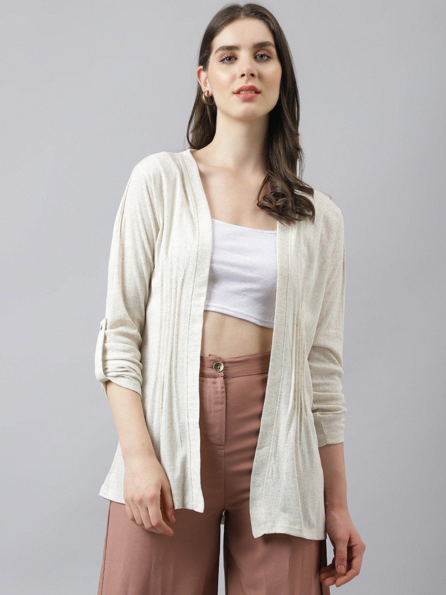 women beige front open straight shrug