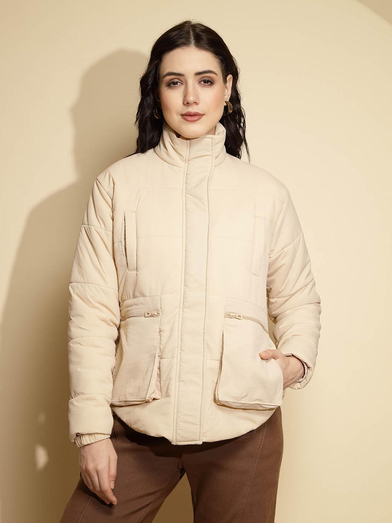 women beige full sleeve puffer jacket