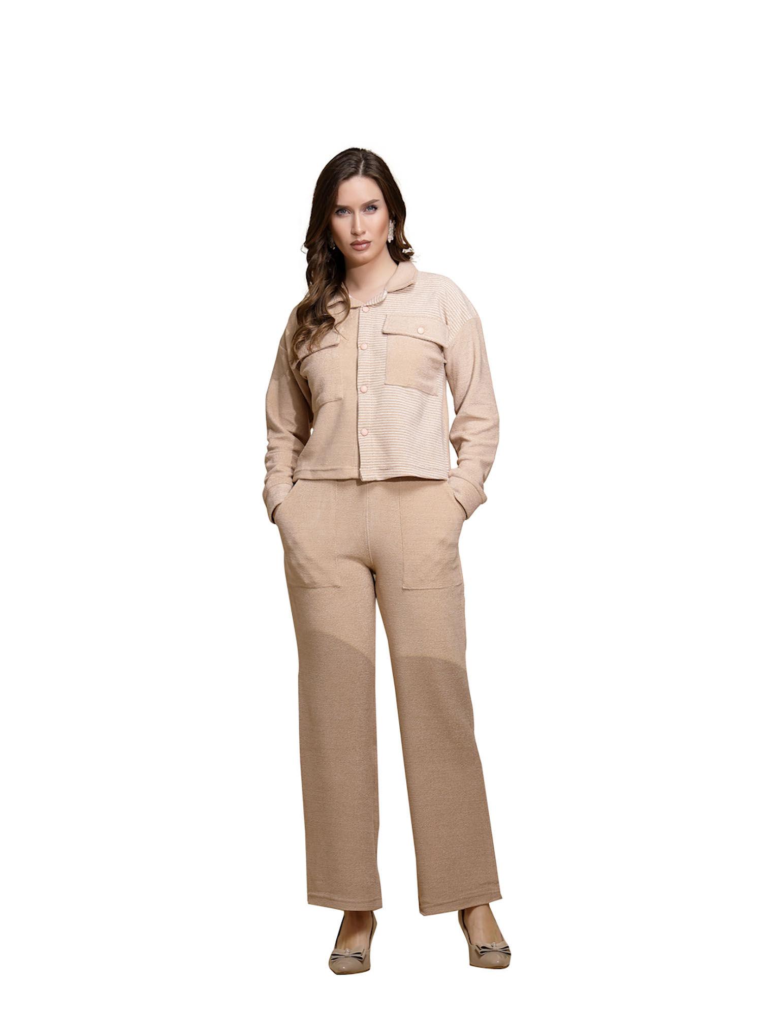 women beige full sleeves jacket with pant (set of 2)