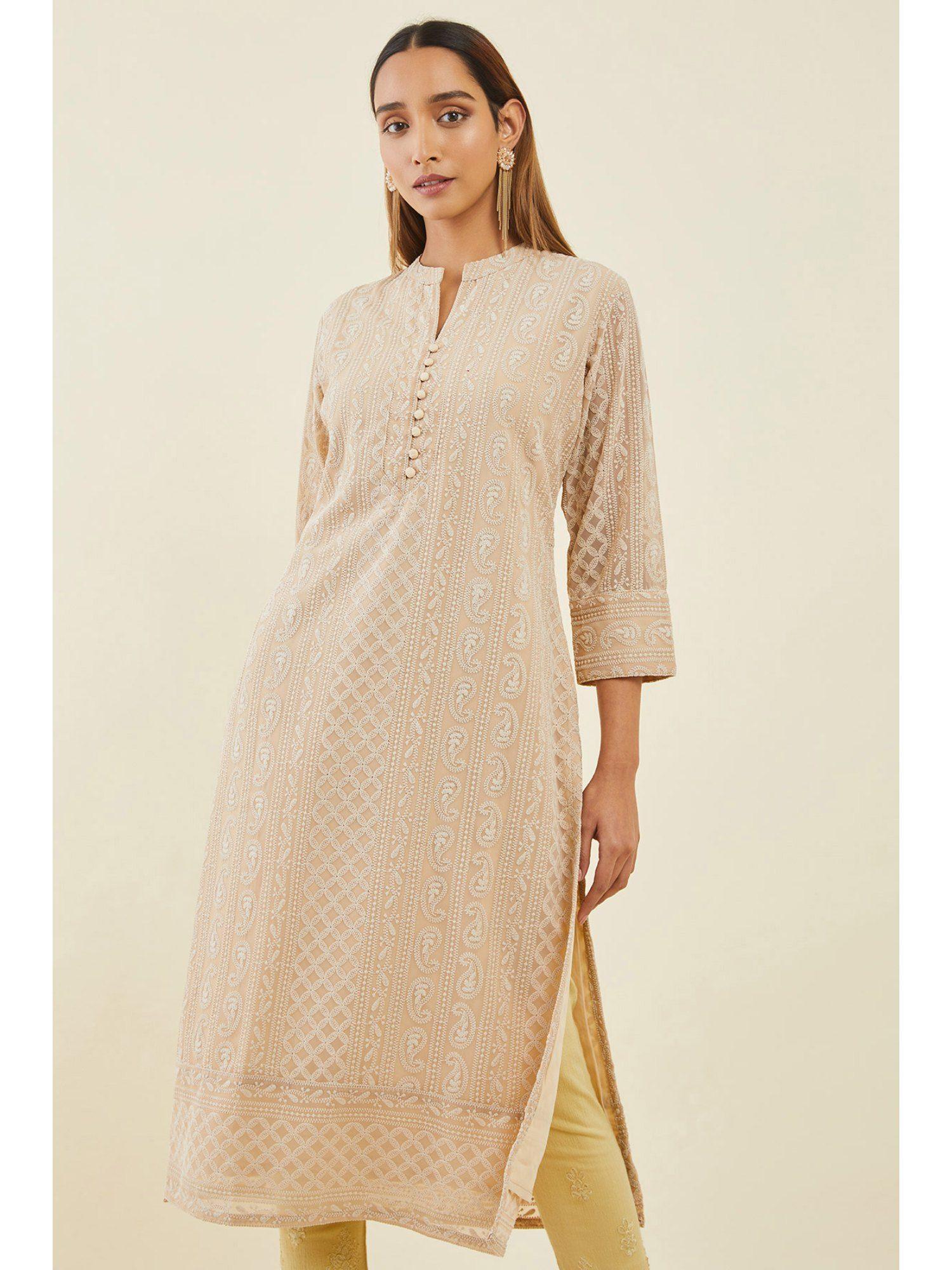 women beige georgette embroidered kurta