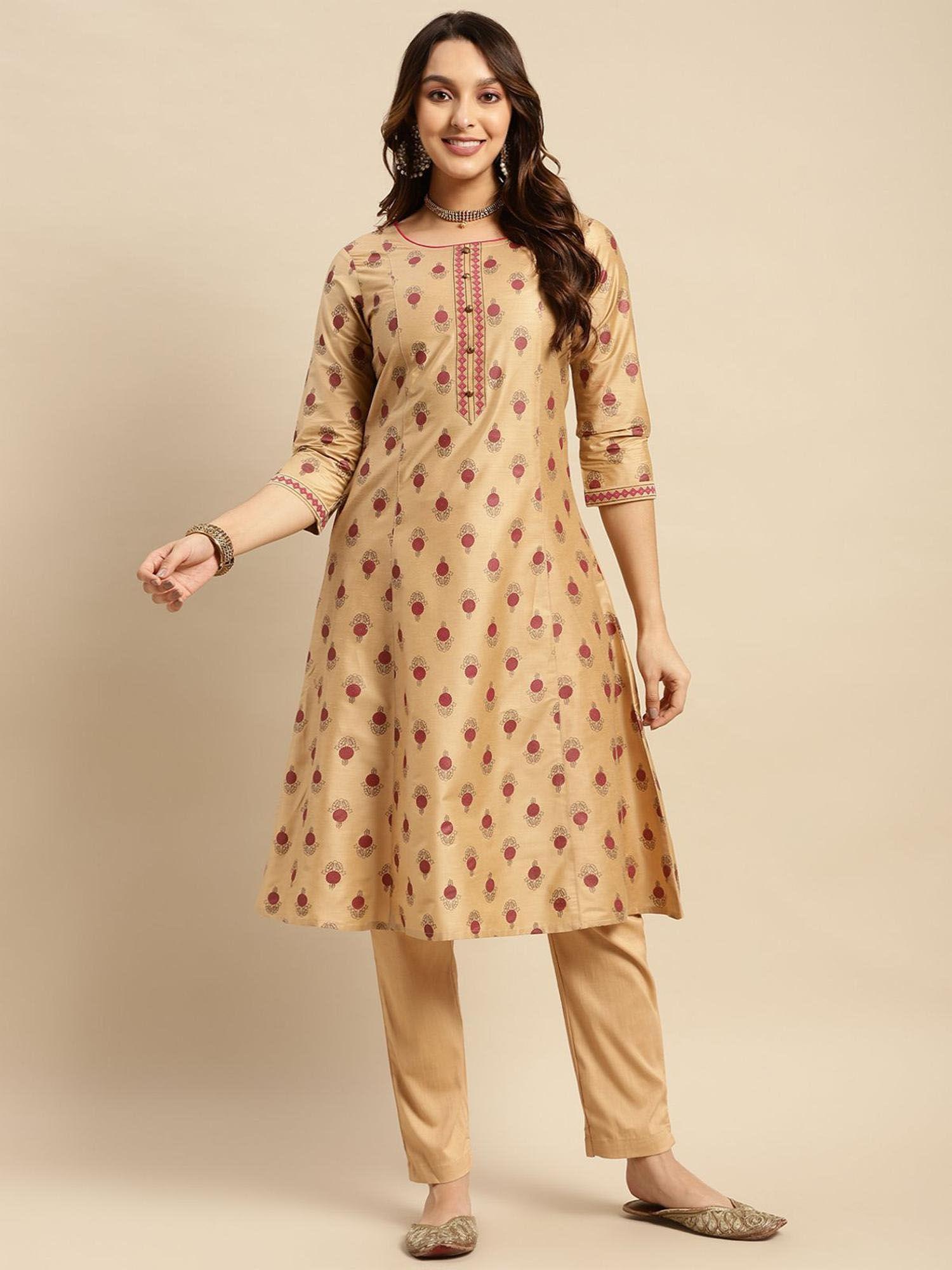 women beige gold printed calf length kalidar a line kurta