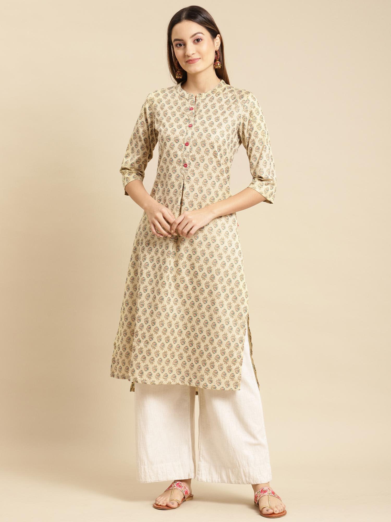 women beige gold printed calf length straight kurta