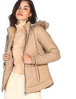 women beige hooded neck quilted jacket