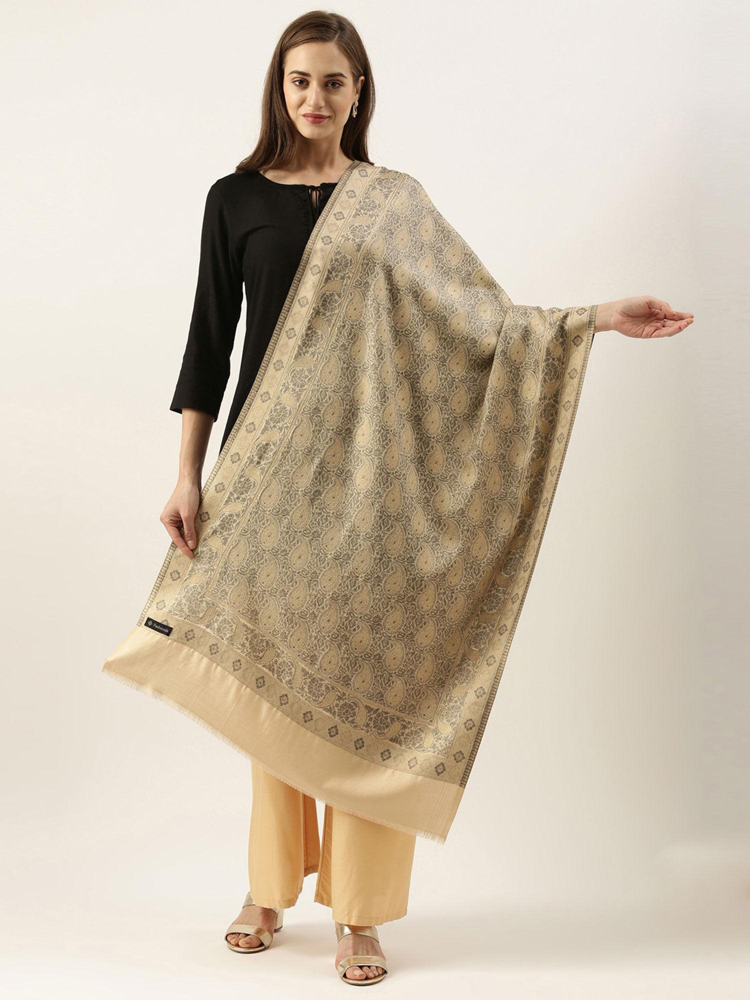 women beige kaani woven design stole