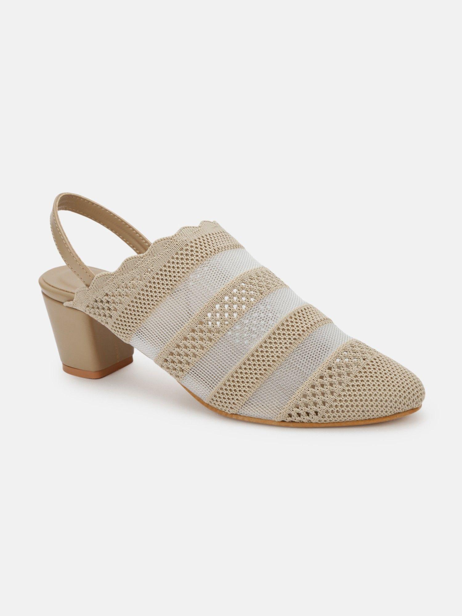 women beige knitted round toe block heels