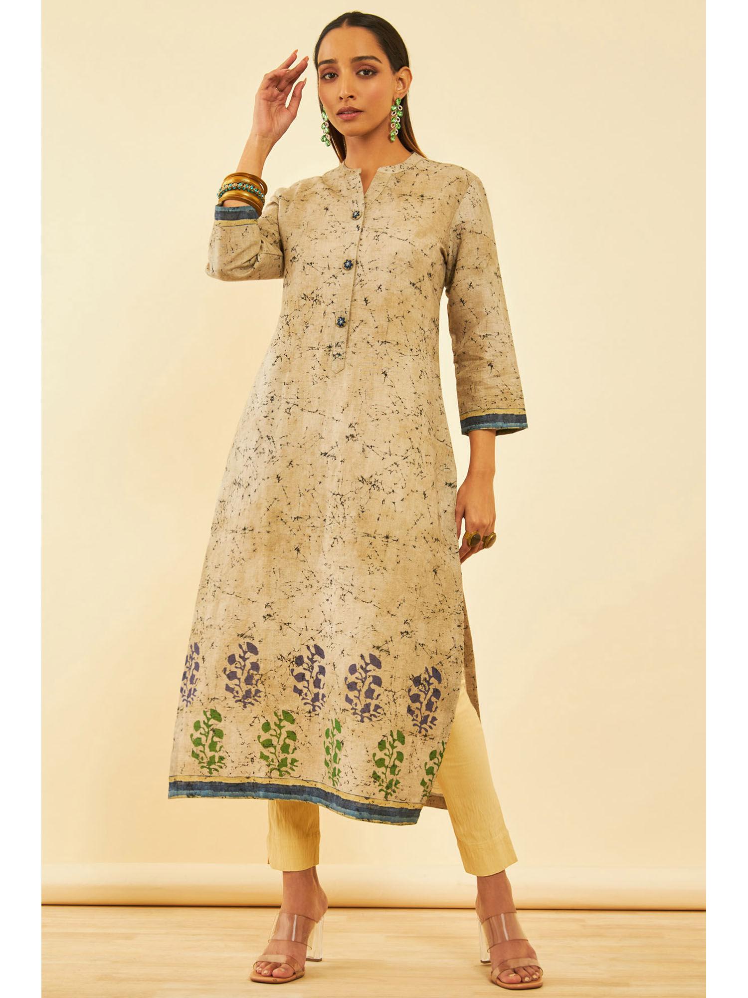 women beige linen floral kurta