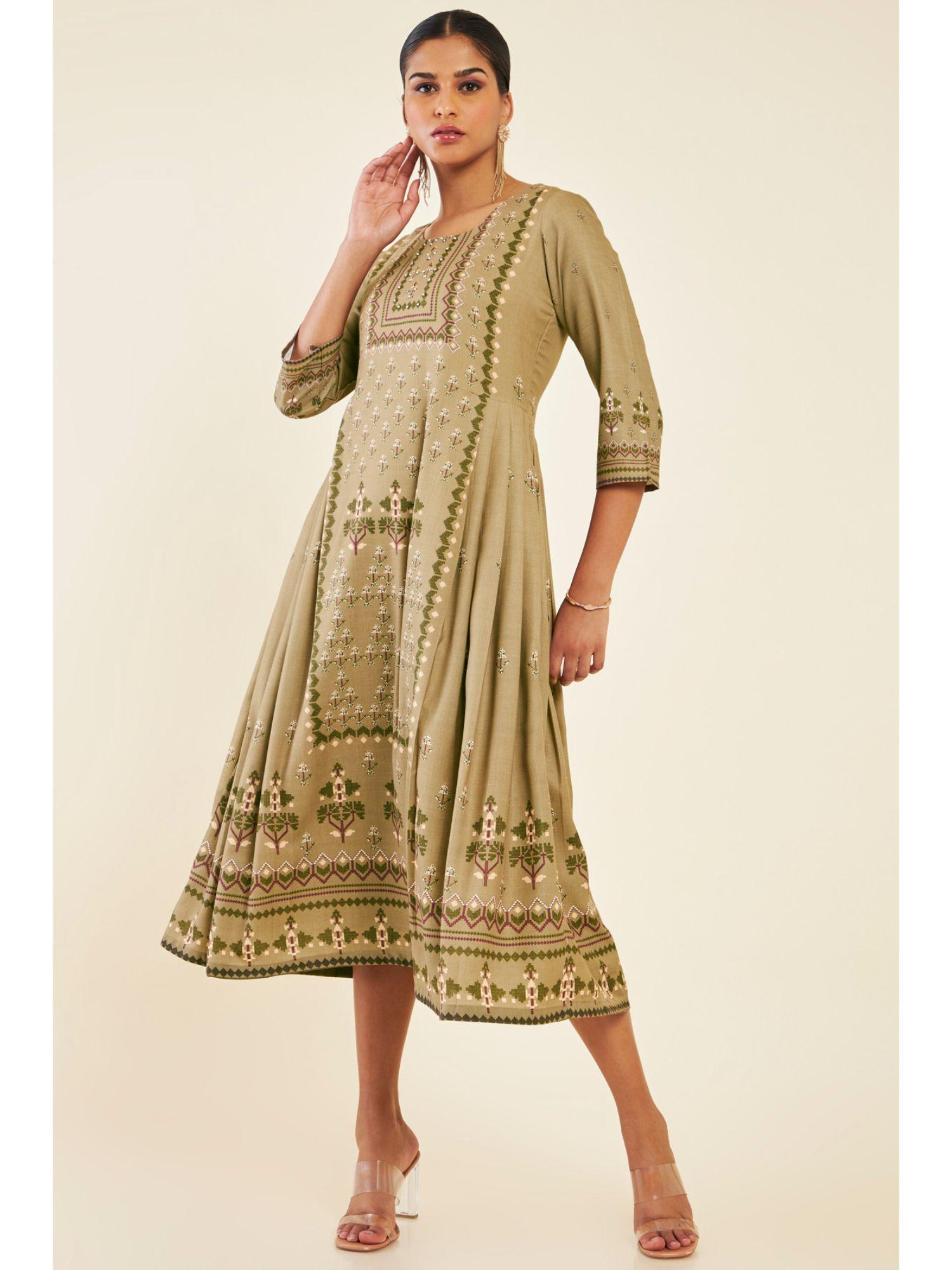 women beige modal printed dress kurta